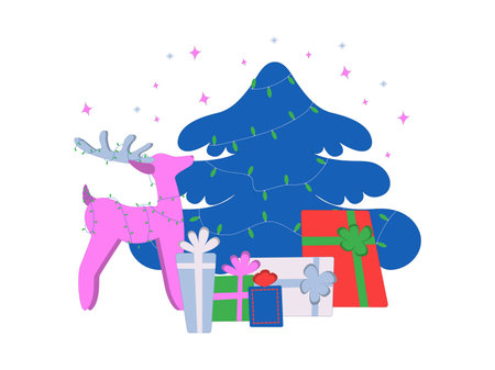 Christmas and new year composition with tree. Colorful seasonal elements of gift boxes and animal. Isolated a white background. Vector illustrationのイラスト素材