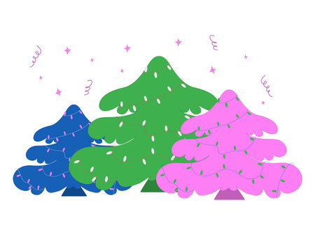 Christmas composition with colorful tree green, blue and pink colors. Holiday greeting card. Vector illustrationのイラスト素材