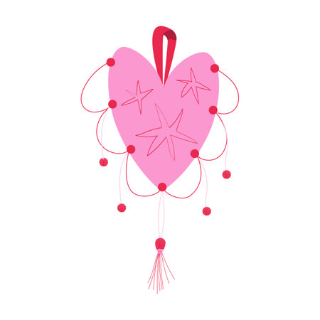 Cute and romantic element for Valentines day. Pink heart with hand drawn stars, ribbon and beads. Vector illustration in a flat styleのイラスト素材