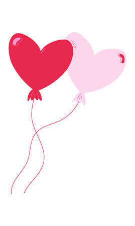 Hearts shape balloons. Composition of two pink and red balloons with ribbon. Cute and romantic isolated element for Valentine's day. Vector illustration in a flat styleのイラスト素材