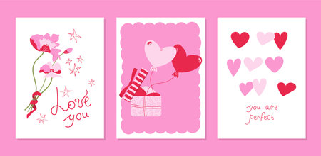 Valentines Day ?ards set: modern designs with heart shapes, balloons, flowers, stars and lettering. Postcards in minimalist hand-drawn flat style. Vector illustration poster in red pink colorsのイラスト素材