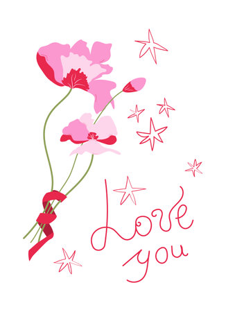 Valentines Day greeting ?ard modern designs with poppy flowers, stars and lettering. Postcard in minimalist hand-drawn flat style. Vector illustrationのイラスト素材