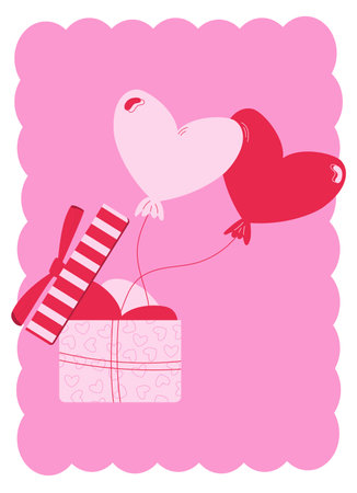 Valentines Day greeting ?ard modern designs with gift box full of heart shapes balloons. Postcard in minimalist hand-drawn flat style. Vector illustration poster in pink and red colorsのイラスト素材