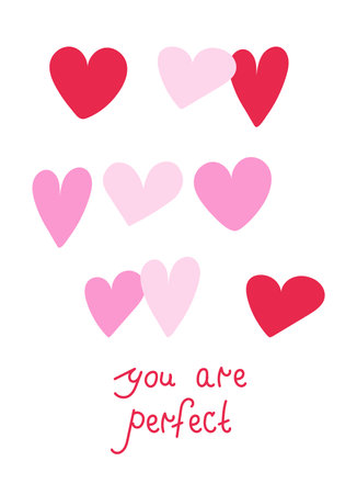 Valentines Day greeting ?ard modern designs with different heart shapes and lettering. Postcard in minimalist hand-drawn flat style. Vector illustration poster in pink and red colorsのイラスト素材