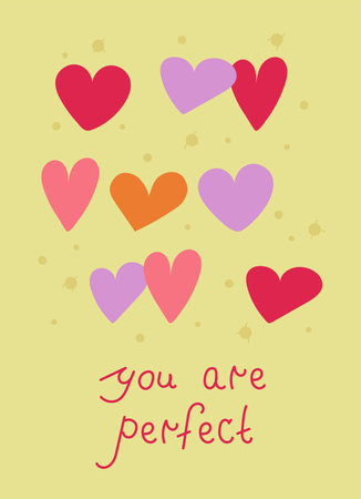 Romantic Valentines Day card design with colorful variations of heart shapes, dots and hand drawn lettering text. Vector Illustration on yellow background for postcards, banners, social mediaのイラスト素材