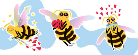 Set of cute cartoon bees. Fluffy Bee characters with colorful wings in different poses romantic, flying and holding heart, flowers. Vector illustrationのイラスト素材