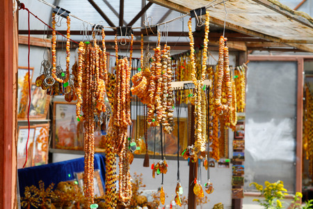 Amber necklaces and souvenirs at the bazaarのeditorial素材