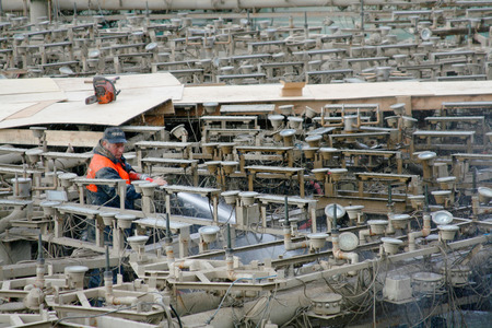 Moscow, Russia - October 15, 2008: Worker cleans the fountain in front of the winter conservationのeditorial素材