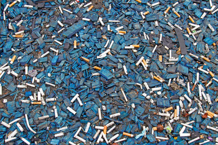 Blue wooden sawdust and cigarette butts as background or texture. Total pollution of the urban...