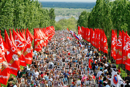 Volgograd, Russia - May 9, 2016: Procession of local people with photos of their relatives in Immortal Regiment on annual Victory Day on Mamaev Hill in Volgogradのeditorial素材