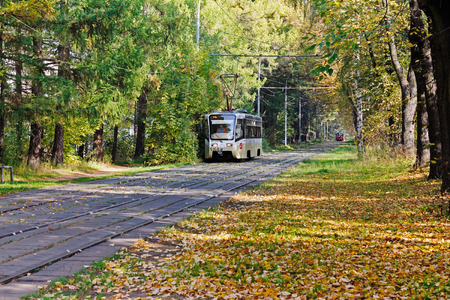 Moscow, Russia - September 24, 2015: Tram 71-619KT  in autumn park in Moscowのeditorial素材