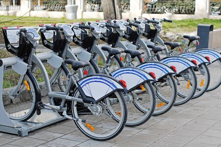 Moscow, Russia - April 24, 2017: City bicycles stand in a row on a parking for rent in Moscowのeditorial素材