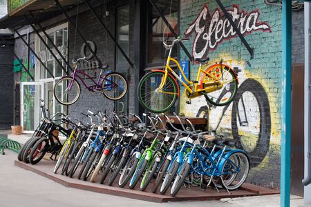 Moscow, Russia - May 20, 2017: Row of Electra bicycles standing outdoors for sale at centre for contemporary art WINZAVOD in Moscowのeditorial素材