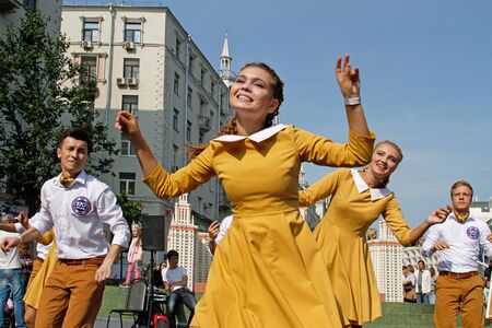 Moscow, Russia - September 10, 2017: Street dancers dancing in front the layout of the Moscow State University on Tverskaya street at the City Day (870 years) in Moscowのeditorial素材