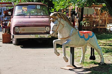 Moscow, Russia - August 19, 2018: Element of the carousel in the form of a 1203 Skoda at the festival 1203のeditorial素材