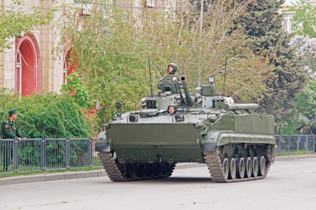 Volgograd, Russia - May 04, 2019: Soldiers ride on BMP-3 infantry fighting vehicle during a dress...
