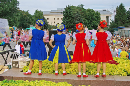 Volgograd, Russia -September 05, 2009: Girls in dance costumes waiting for their performance at the City Day celebration in Volgogradのeditorial素材