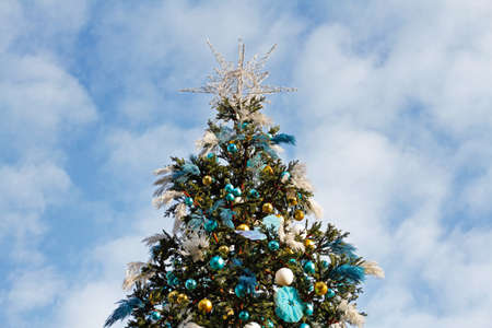 Elegant christmas tree on a background of blue sky with cloudsの写真素材
