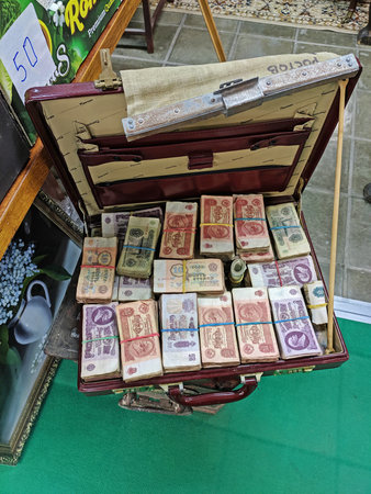 Moscow, Russia - January 10, 2020: Old Soviet money in a case for sale at the flea market Retro in...