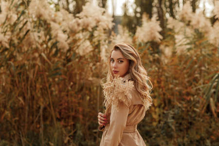 Beautiful girl in running on the autumn field of wheat at sunset time.の写真素材