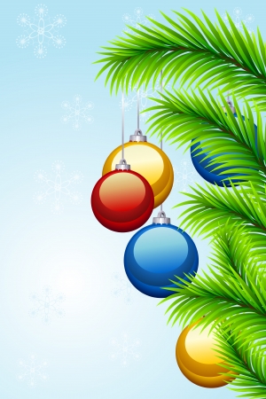 Christmas background with fir branches, Christmas-tree decorations, fantastic  snowflakes  on light blue background, vector illustrationのイラスト素材