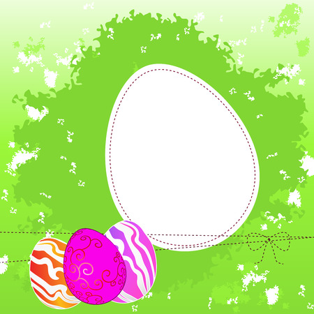 Easter greeting template with colored eggs on a green grunge background, vector illustrationのイラスト素材