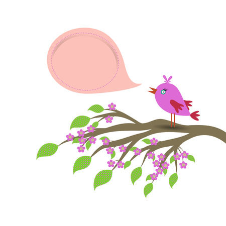 Spring background with colored bird , branch of tree, spotted leaf, flower and speech bubble isolated on whiteのイラスト素材