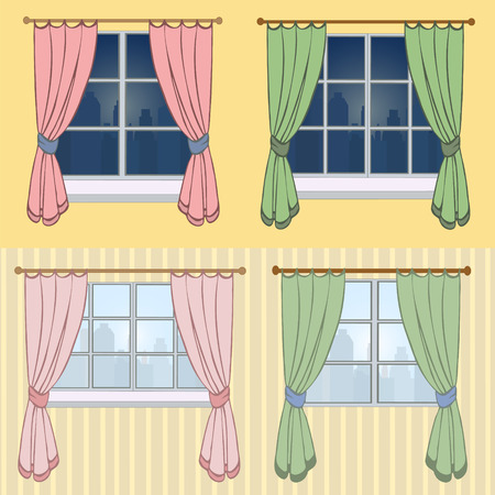Set of curtains on a yellow background. The beautiful view from the window - different silhouettes of the city during the day. Creative Home interior, vector illustration.のイラスト素材