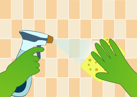 Hands in green gloves with spray and sponge wash the wall tiles. Vector illustration.のイラスト素材