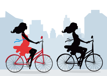 Silhouettes of pregnant women on the bike . City background. Illustration in vector format. Horizontal.のイラスト素材