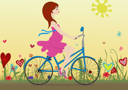 Pregnant girl rides a Bicycle on a blossoming field in the background of the yellow sky. Vector illustration. Horizontal.のイラスト素材