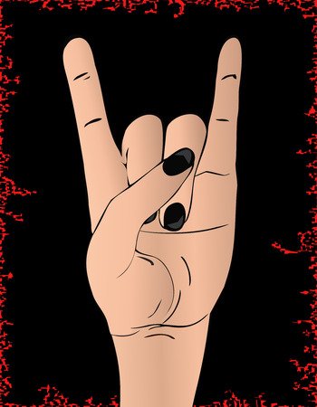 Rock hand gesture. Stylish template for slogan, poster, flier or etc. Vector illustration isolated on black backgroundのイラスト素材