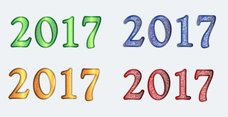 Set  2017 in different bright versions. Christmas illustration with glitter numbers can be used in any text, invitations, posters, leaflet, greeting cards, web design etc. Vertical banner.のイラスト素材