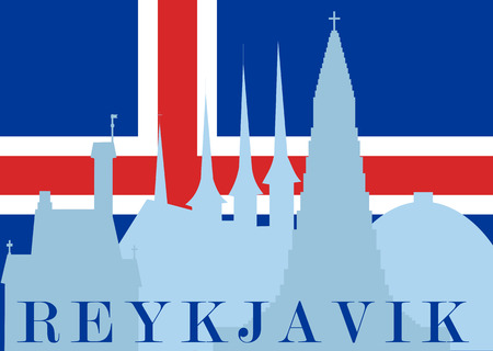 The silhouette of the sights of Reykjavik in the background of the flag of Iceland. illustration. Horizontal location.のイラスト素材