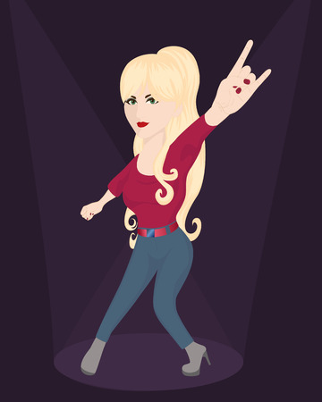 Girl rocker on dark background in the spotlight. Blonde with long hair in a punk rock style. Fan of rock, rock'n'roll and other popular musical direction. Isolated illustration. Vertical.のイラスト素材