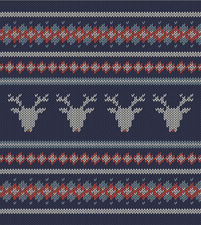 Knitted  texture on blue background with deersのイラスト素材