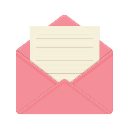Letter in open pink envelope. Flat icon. Notepad lined yellow page. Vector illustration. Isolated on light background. Square location.のイラスト素材