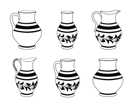 Set of ceramic crockery in black and white colors. Collection jugs in different variation. Rustic ceramic utensils, monochrome vector illustration for your design. Horizontal location.のイラスト素材