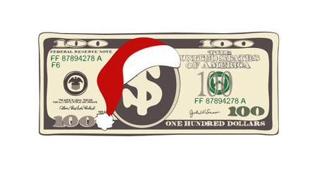 Christmas 100 dollars in flat cartoon style. Vector design of bill one hundred dollars. Suitable for...