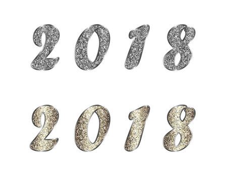 Set of 2018 with glitter effect. Christmas vector illustration of silver, platinum, gold and other...
