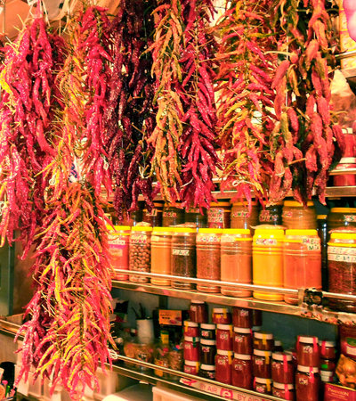Bunch of red peppers at La Boqueria market in Barcelona, Spain.の写真素材