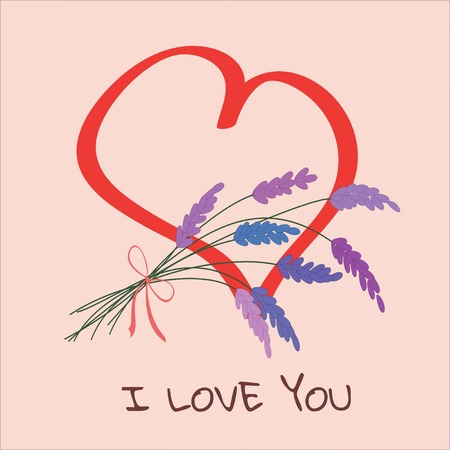Pale pink sticker with painted heart and Declaration of love. Greeting card with bouquet of lavender. Text I LOVE YOU. Perfect for romantic concept, Valentine`s Day. Vector illustration. Square.のイラスト素材