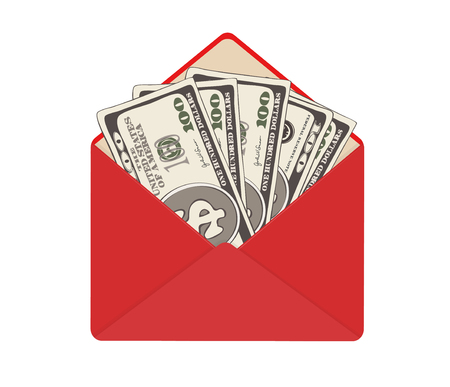 USA banking currency in open red envelope. One hundred dollar bills as gift, close-up. Bribe in envelope, bribery and corruption. Vector illustration. Dollar banknotes as present, salary.のイラスト素材