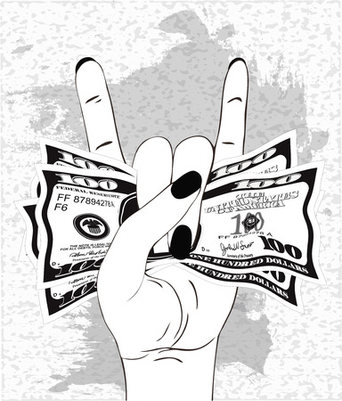 Heavy metal hand gesture with clutched currency USA. Rock-n-roll sign with crumpled money on textured gray background. Hand with several of bill one hundred dollars. Vector illustration.のイラスト素材