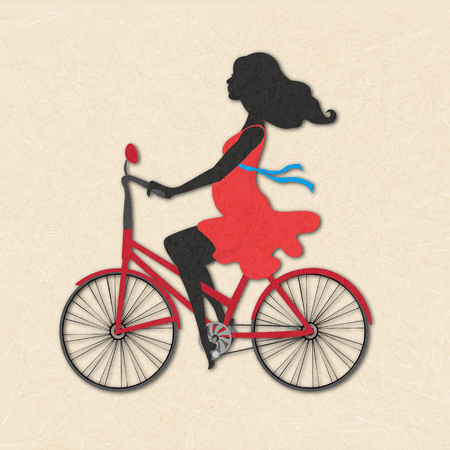 Silhouette of pregnant woman on red bike. Illustration of calm girl in red dress on beige background with marble effect. Shading, layered paper effects and textures to create depth.の写真素材