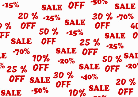 Advertising design. Seamless white background with promotional offers, seasonal and holiday sale. Pattern for wrapping paper, wallpaper, other promotional products. Different discount percentages.のイラスト素材