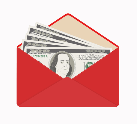 USA banking currency in open red envelope. One hundred dollar bills as gift, close-up. Bribe in envelope, bribery and corruption. Vector illustration. Dollar banknotes as present, salary.のイラスト素材