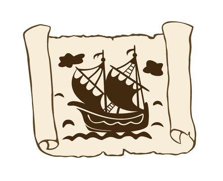 Sketch of ancient scroll with ship, isolated on white background. Sheet of old parchment paper with sailboat floating on waves. Hand drawn vector illustration. Horizontal orientation.のイラスト素材