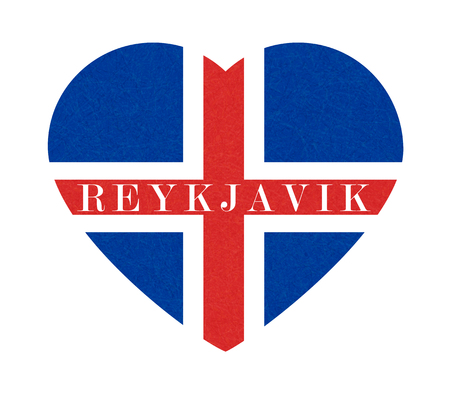 Reykjavik, textured background of Iceland flag in heart. Isolated Icelandic banner with scratched texture, grunge. Flat style, vector illustration with noise, marble backdrop.のイラスト素材
