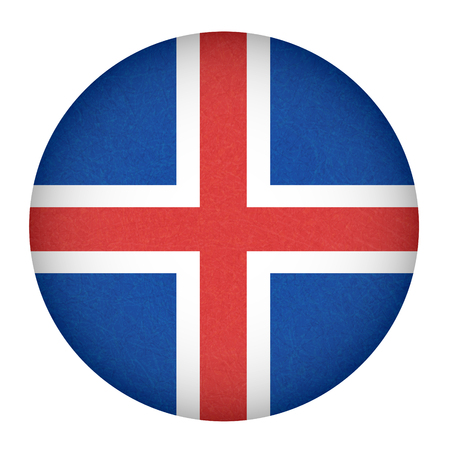 Iceland flag in circle shape. Isolated button of icelandic banner with scratched texture, grunge. Flat style, vector illustration with noise, marble textured background. Horizontal orientation.のイラスト素材